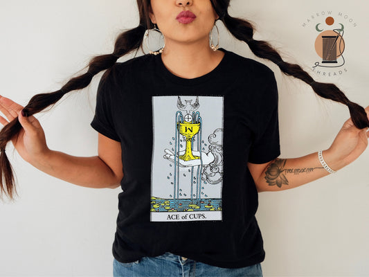 Ace of Cups Tarot Card shirt in black modeled by a woman