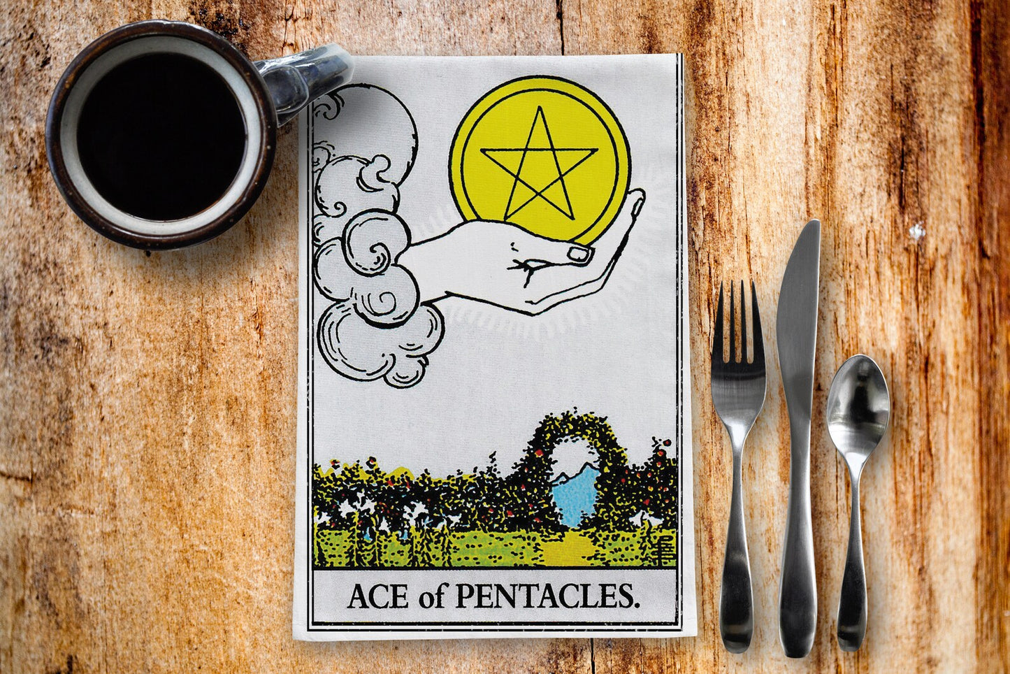 Ace of Pentacles Tarot Card Tea Towel Goth Kitchen Decor