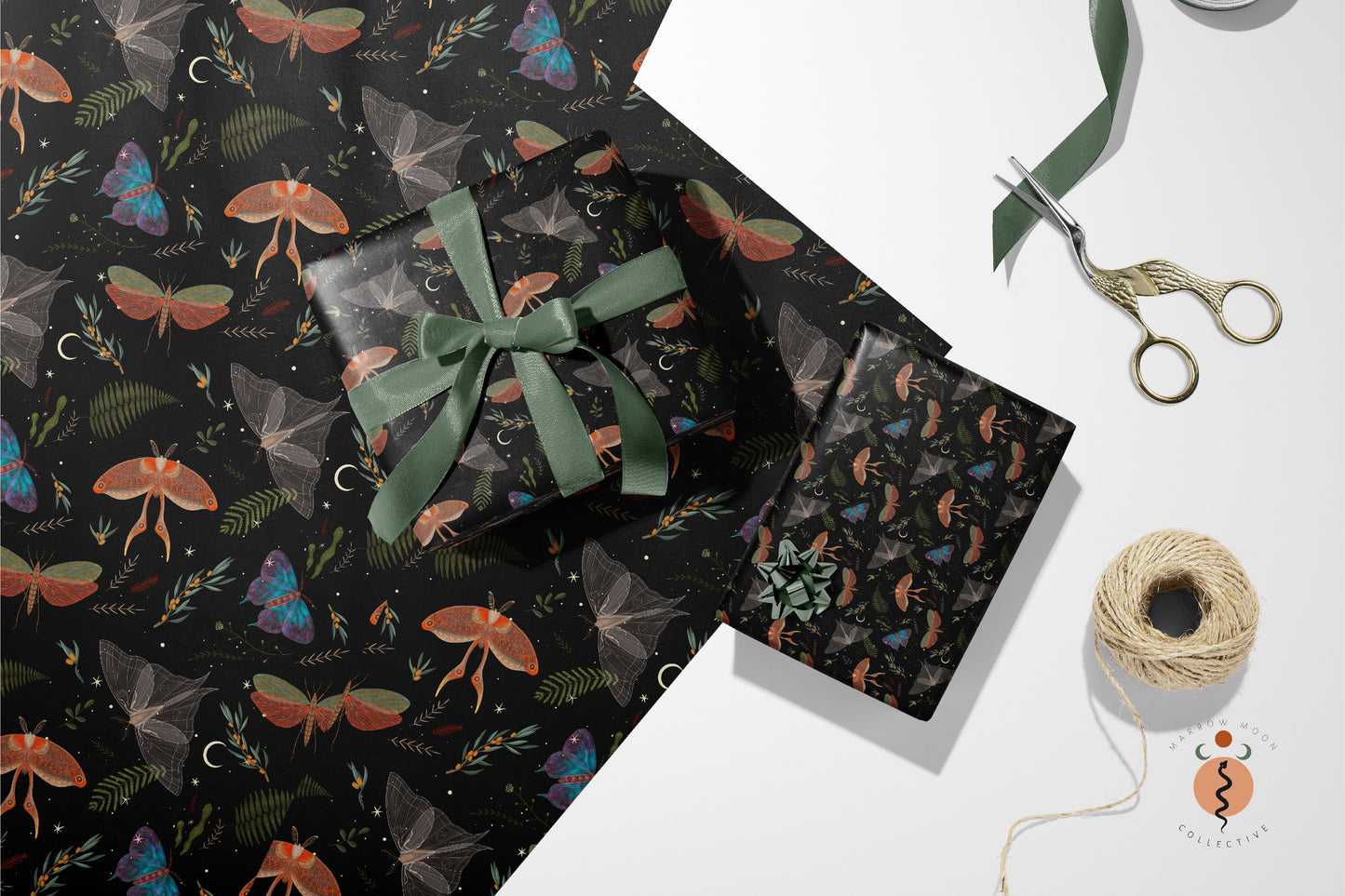 Dark Forest Moth Gift Wrap Gothic Wedding Wrapping Paper Witchy Dark Academia Aesthetic