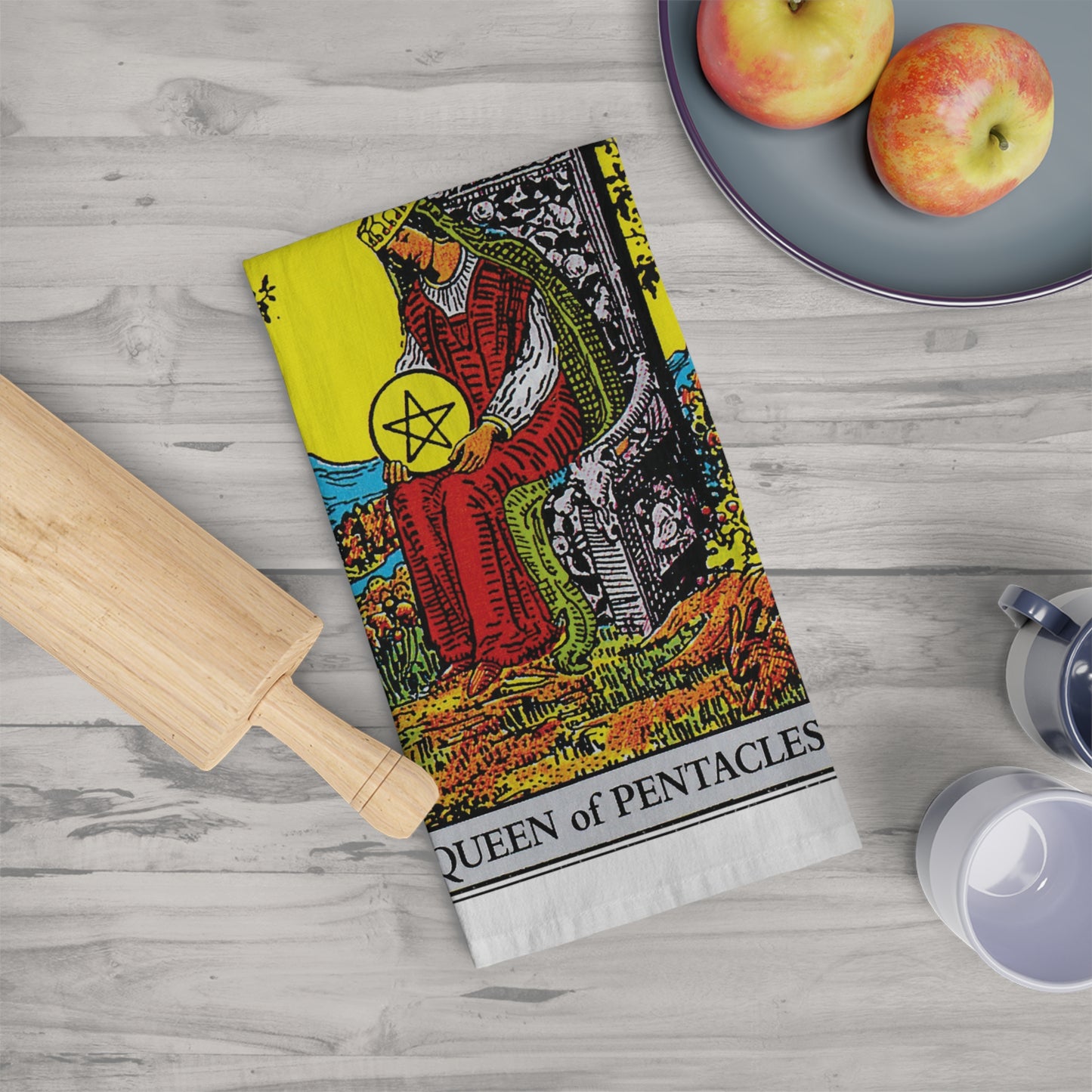 The Queen of Pentacles Tarot Card Tea Towel Goth Kitchen Decor