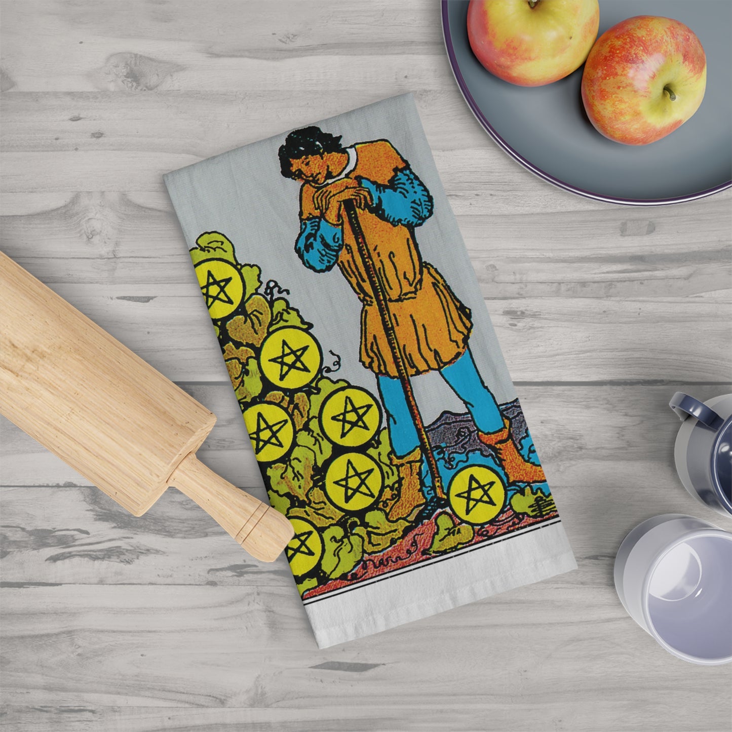 Seven of Pentacles Tarot Card Tea Towel Goth Kitchen Decor